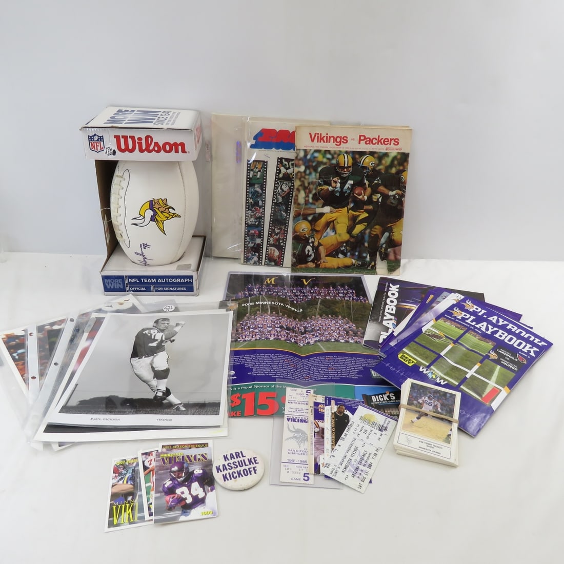 MN Vikings Collectibles & Henry Thomas Signed Ball: MN Vikings Collectibles & Henry Thomas Signed Ball vintage and modern programs, pins, ticket stubs, cards, photographs Please ask questions and read terms & conditions before bidding.