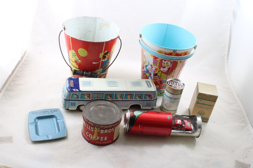 2 Sand Pails, Coffee Can, Bus, Ashtray, Hot Wheels: 2 Sand Pails, Coffee Can, Bus, Ashtray, Hot Wheels -Wolverine & Ohio Art Large Tin Litho Sand Pails, 1952 Hills Bros. 1 lb. Key Wind Coffee can with lid, Montgomery Ward Winona, Minn. Advertising Asht