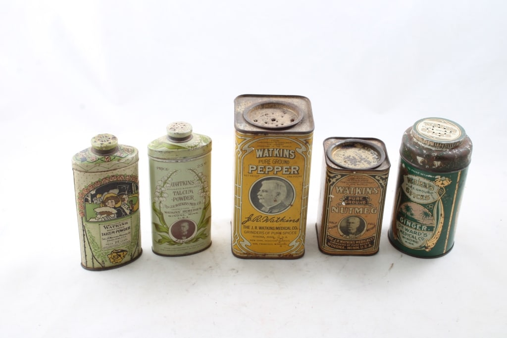 5 Ca. 1920's Watkins Winona Mn. Advertising Tins: 5 Ca. 1920's Watkins Winona Mn. Advertising Tins -2 Tins are Talcum Powder - One Pepper - One Nutmeg - One ginger that is not Watkins Brand as pictured. Please ask questions and read terms & condition