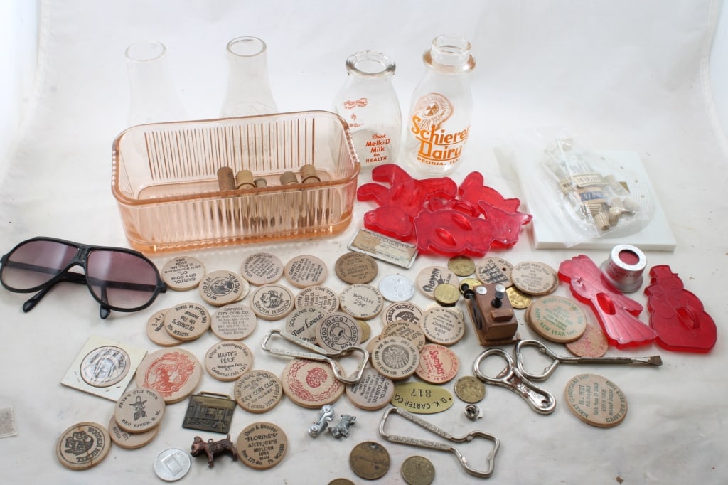 Wooden Nickels, Dairy Bottles, Depression Glass +: Wooden Nickels, Dairy Bottles, Depression Glass + -Keepsake of Amil & Lucille Pace of Jamestown 05-19-03, Eyeglasses, Lantern Glass Toppers all as pictured. Please ask questions and read terms & condi