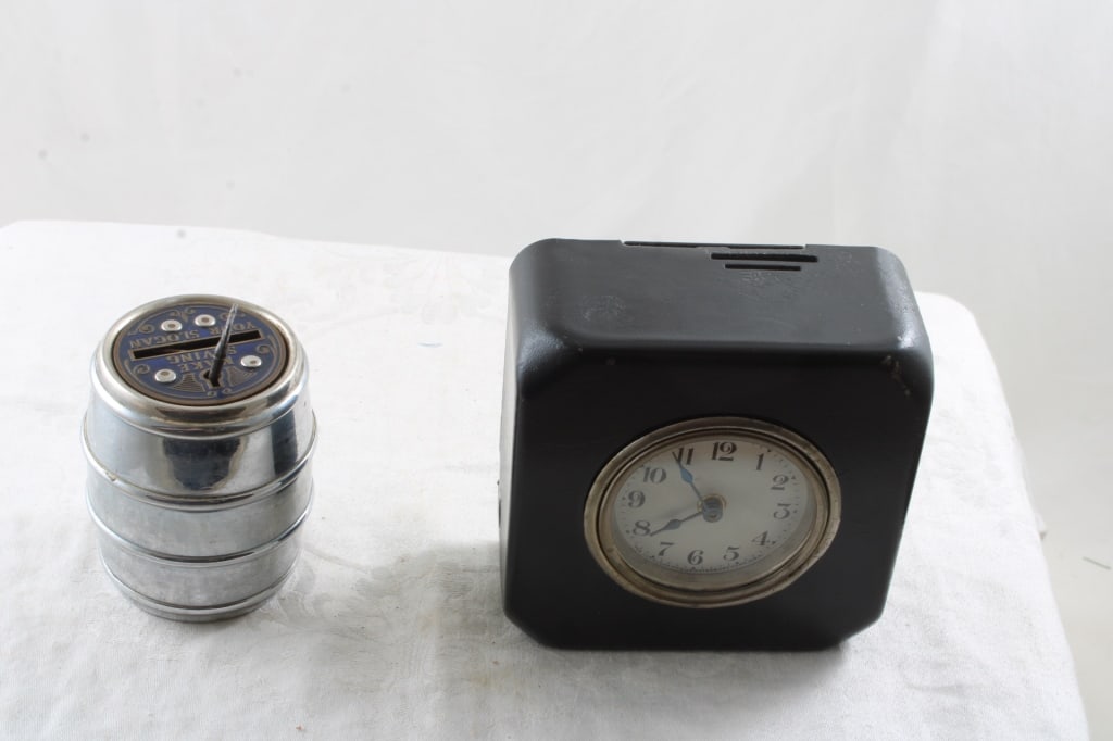 Lux Clock/Bank Combination Works, Barrel Bank: Lux Clock/Bank Combination Works, Barrel Bank -First National Bank & Company & Lux Clock Bank Combination from Citizens National Bank Faribault Minnesota. Both as pictured. Please ask questions and re