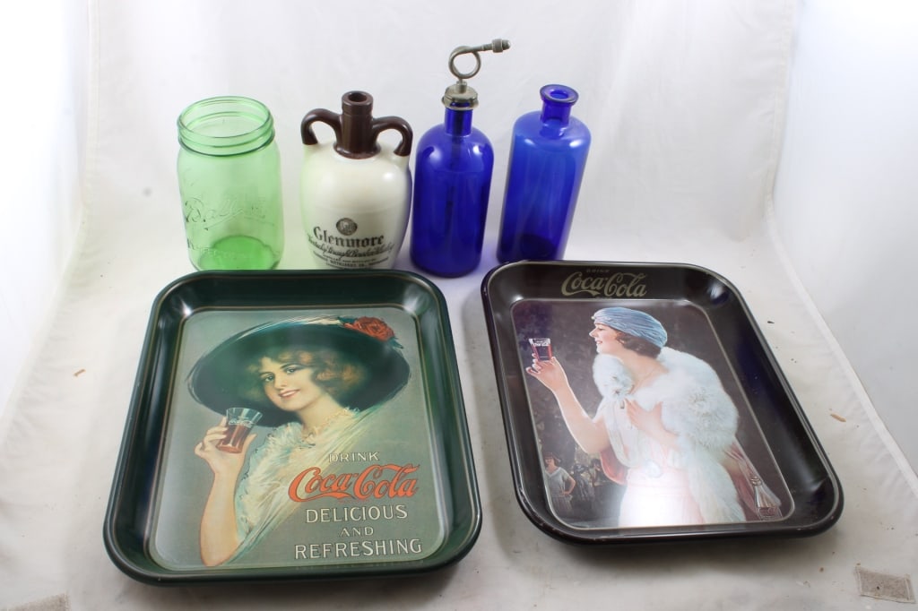 Green Fruit Jar, Blue Bottles, Jug, Coke Trays (1 of 20)