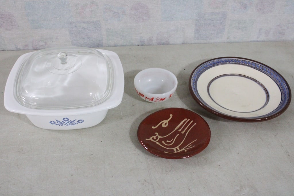 Fire King Cereal Bowl, Corning Ware 4 qt Casserole: Fire King Cereal Bowl, Corning Ware 4 qt Casserole -Praying Child Fire King Cereal Bowl 5", Cornflower Blue Corning Ware 4 Quart Casserole with Lid, plus 2 Redware Artist Signed plates that measure 7