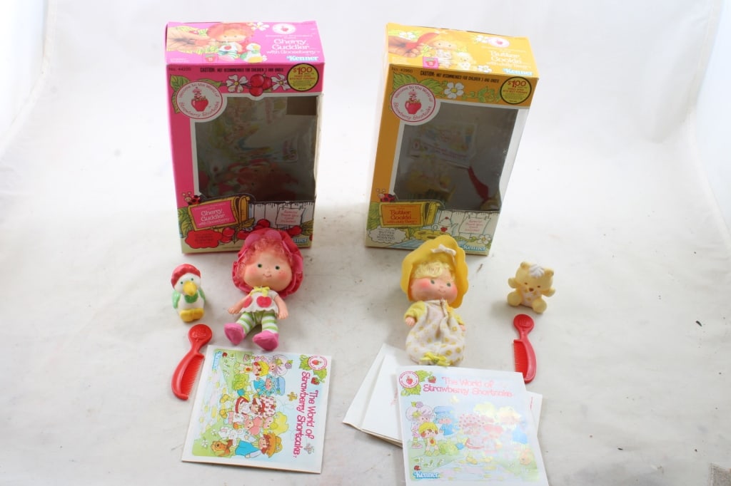 Strawberry Shortcake Cherry Cuddler & Butter Cooky: Strawberry Shortcake Cherry Cuddler & Butter Cooky -1982 Strawberry Shortcake Cherry Cuddler with Gooseberry in box and 1982 Butter Cookie with Jelly Bear in Box with papers as pictured. Please ask qu
