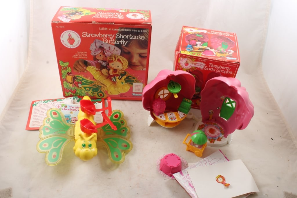 1981 Strawberry Shortcake Butterfly & Soda Shoppe: 1981 Strawberry Shortcake Butterfly & Soda Shoppe -1981 Strawberry Shortcake Raspberry Soda Shoppe in box (box shows wear) and 1981 Strawberry Shortcake Butterly in Box #43210 Kenner as pictured. Plea