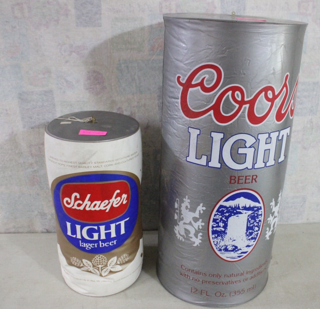 2 Inflatable Beer Advertising Signs, Coors & more: 2 Inflatable Beer Advertising Signs, Coors & more -Schaefer Light Lager Beer measures 19" Tall x 9 3/4" Diameter. Coors Light Beer measures 30" Tall x 14" diameter when inflated as pictured. Please as