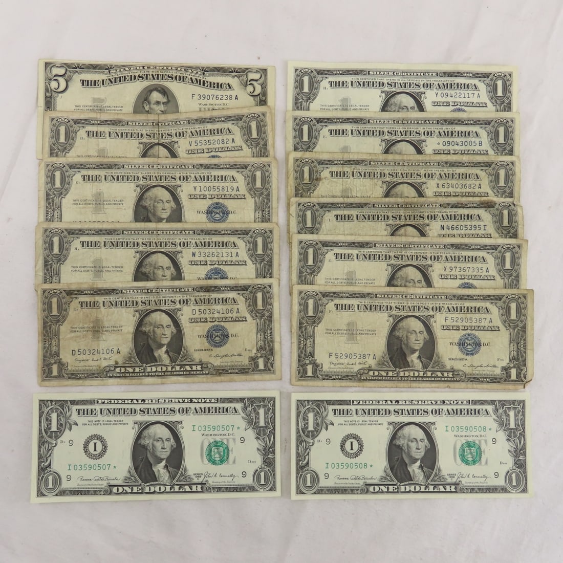 10 $1 Silver Certificates, 1953 $5, 1969 star note (1 of 15)