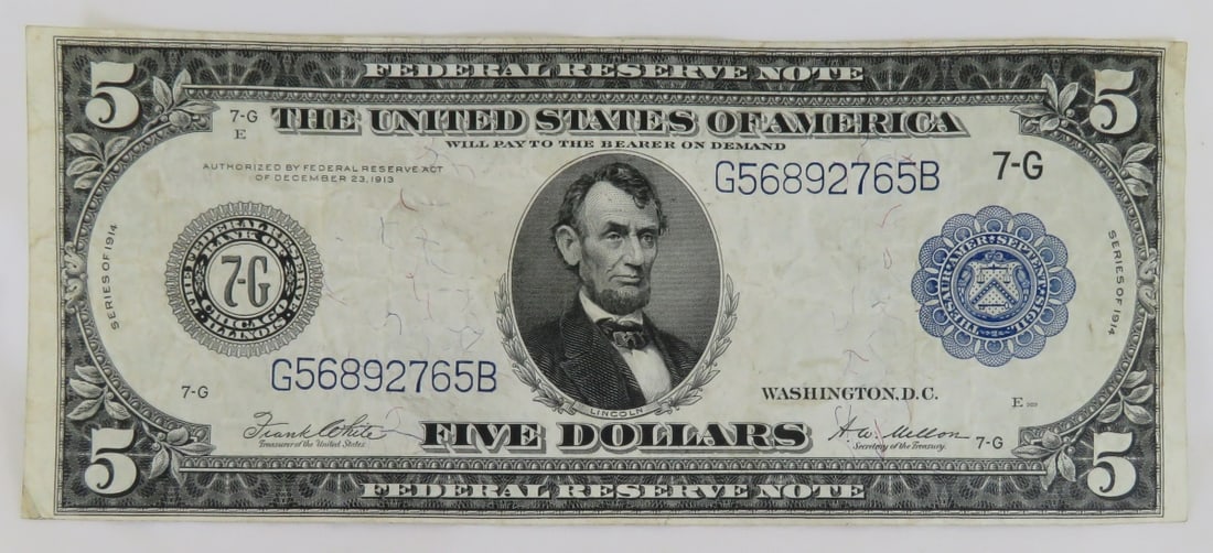 1914 $5 Federal Reserve Large Note Chicago Ill (1 of 9)