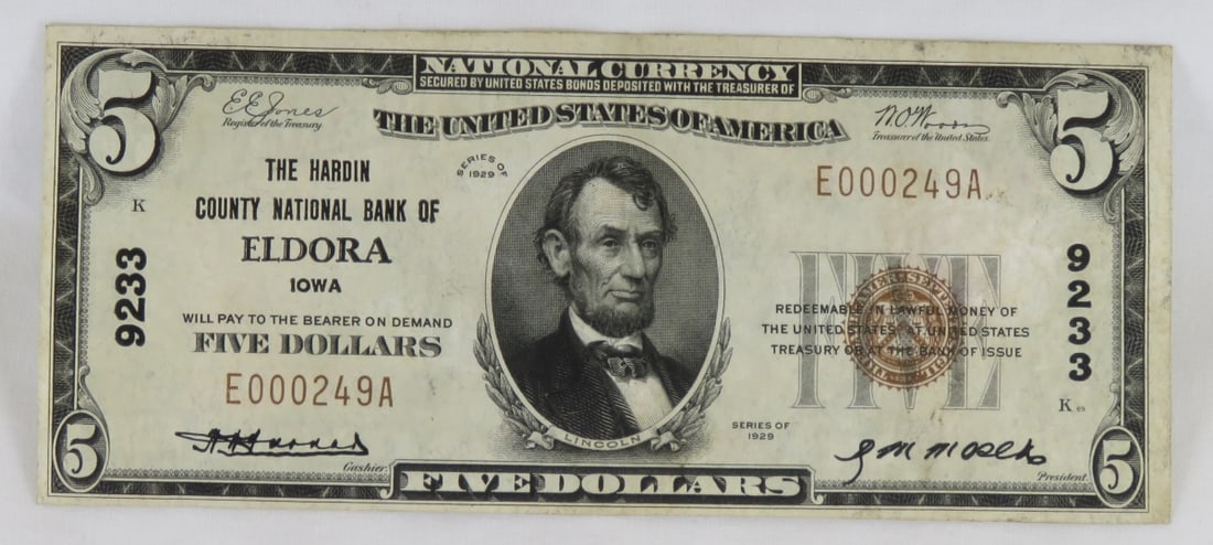 1929 $5 National Currency Note 9233 Eldora IA (1 of 10)