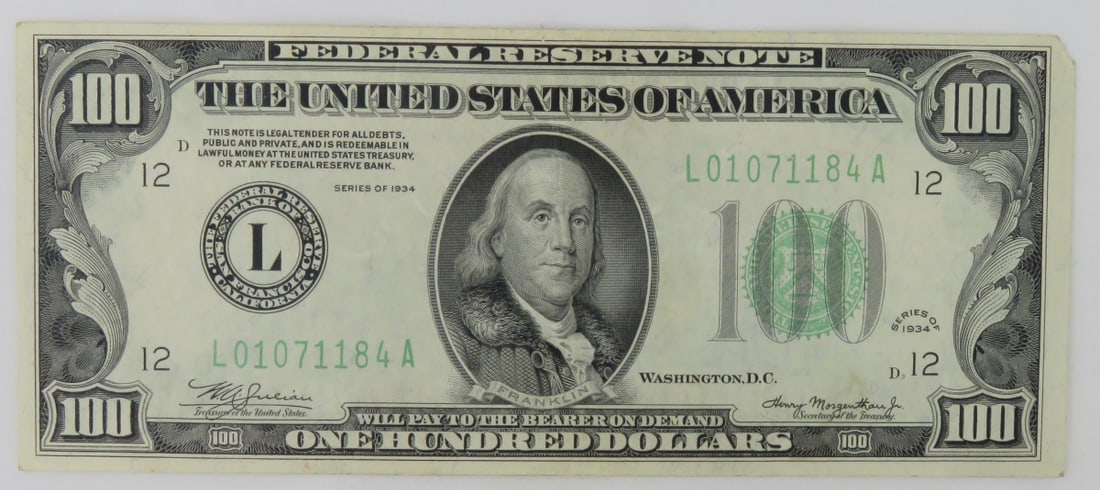 1934 $100 Federal Reserve Note San Francisco CA (1 of 6)