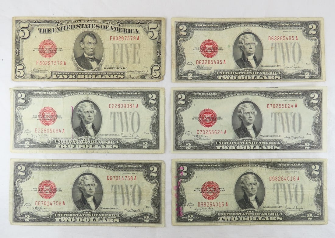6 1928 $2 Red Seal Notes & 1 1928 $5 Red Seal note (1 of 14)