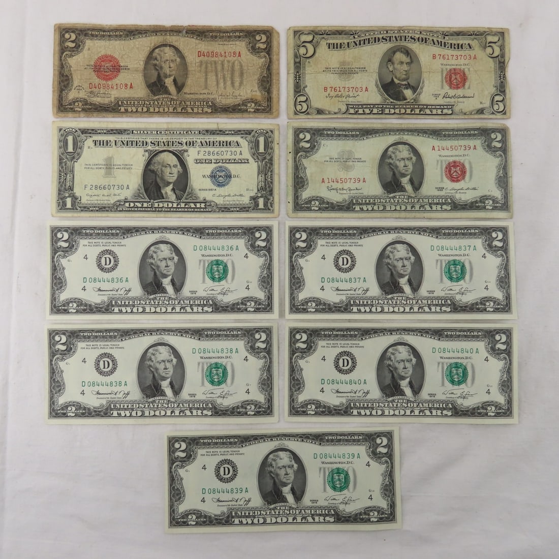 Mixed US Notes 1928 $2, 1953 $5, 1957 $1, 1963 $2 (1 of 11)
