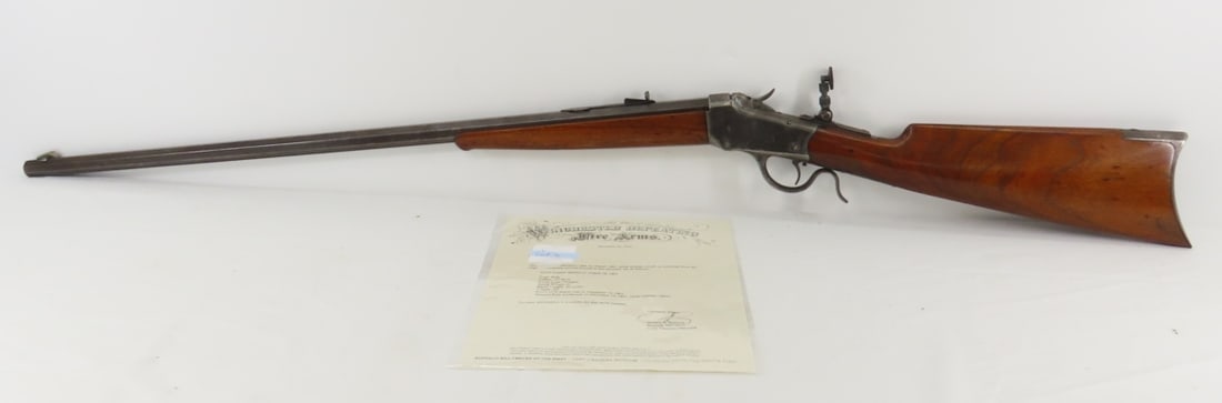 Winchester 1885 .22WCF Sporting Rifle with Letter: 30" octagon barrel 1# weight barrel - marked on bottom of barrel near forearm,color case hardened frame, curved metal butt plate, single shot, Classic smooth walnut Schnabel forearm and straight grip 