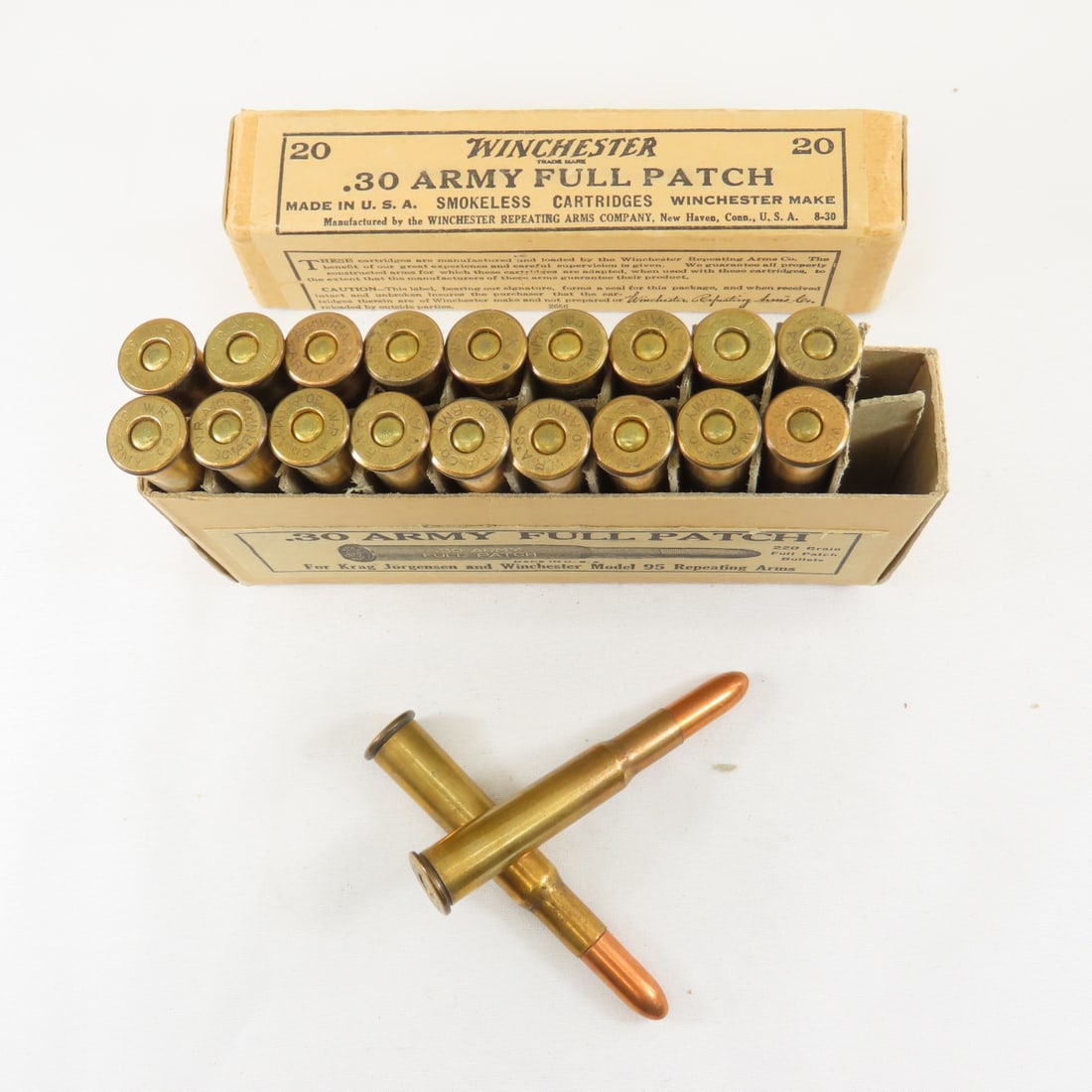 20 Winchester 30 Army Full Patch Cartridges in Box: 2 pc box which shows minimal wear and tear from age, ammo may have corrosion and may not all be original to box. Please ask questions and read terms & conditions before bidding.