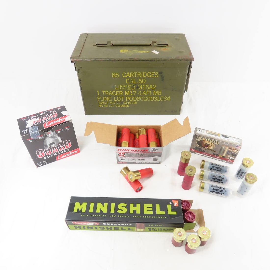 56 Assorted 12 GA Shotshells & 17 Mini Shells: 17 Aguila buckshot mini shells in box, 25 Lambro 2 3/4" 00Buck shotshells in box, 15 Winchester SuperX rifled slug hollow point 2 3/4" deer shotshells in box, 6 Lightfield 2 3/4" rubber buckshot shots