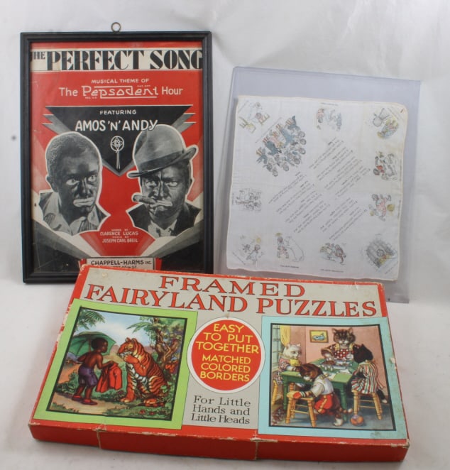 Black Americana Puzzles, Hanky, Amos 'N" Andy: Hanky, Framed Musical of Amos N Andy, & 4 Puzzles including Black Sambo, Peter Rabbit, Three Kittens & Three Bears all as pictured. Please ask questions & read terms & conditions before bidding.