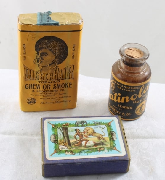 3 Black Americana Satinola, Chew/Smoke, Cards: Bigger Hair Tobacco Wrapper, East Africa Playing Cards, Satinola Leather Cleaner Bottle all as pictured. Please ask questions & read terms & conditions before bidding.