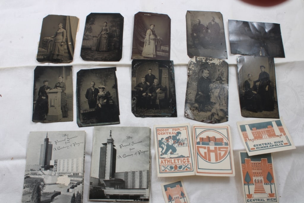 Tin type photos, 1930's Stickers/Stamps, 1934 Century of Progress: 2 Century of Progress Souvenir Booklets with Photos, 1920's Sticker/Stamps Central High School Minneapolis, Minnesota. Gum worn off the stickers & stamp. Largest measures 1 7/8" x 2 3/4" as pictured. 
