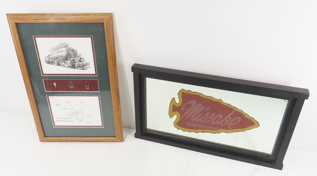 DM&IR Mirror & Framed Print with Pins and Map: 3 pins, map & HL Scott III is framed 13x19. Mirror is hand made 21x12" arrowhead is painted on mirror and Missabe is etched on glass over mirror. Please ask questions and read terms & conditions befor