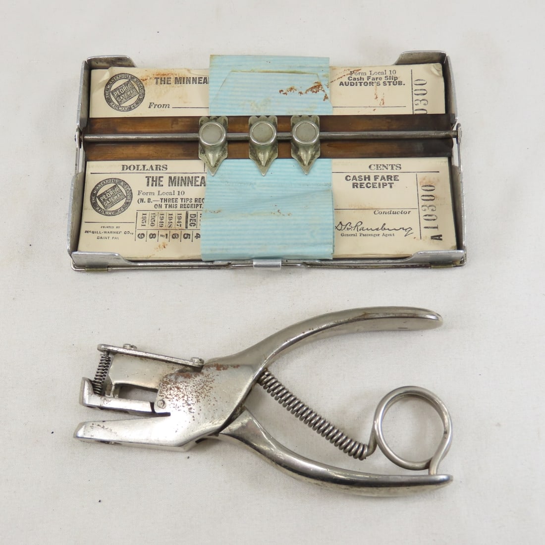 1947-1951 M&STL Tickets, Holder & Ticket Punch: with metal ticket tray marked "Joslin's Patents" 1892 & 1896. From the Collection of Don L. Hofsomer. Please ask questions and read terms & conditions before bidding.