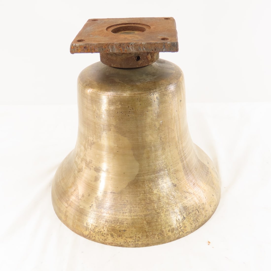 Antique Brass Bell- Missing Clapper: 12" across and 12" tall, has ceiling mount Please ask questions and read terms & conditions before bidding.