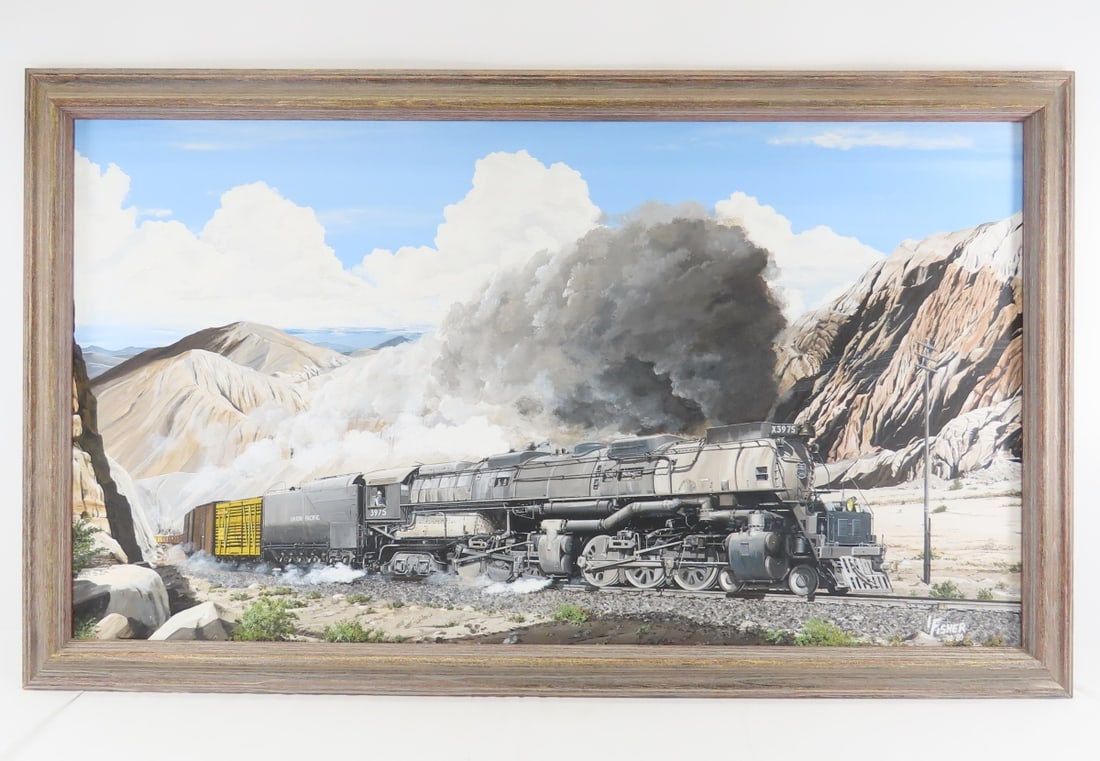 "Challenging the Mojave" by Larry Fisher: Union Pacific #3975 "Challenger" powers a westbound "hotshot" through the Afton Canyon region east of Yermo, CA. Original acrylic on board unframed, 36? X 20?; framed, 39 ?? X 23 ??, signed and dated 