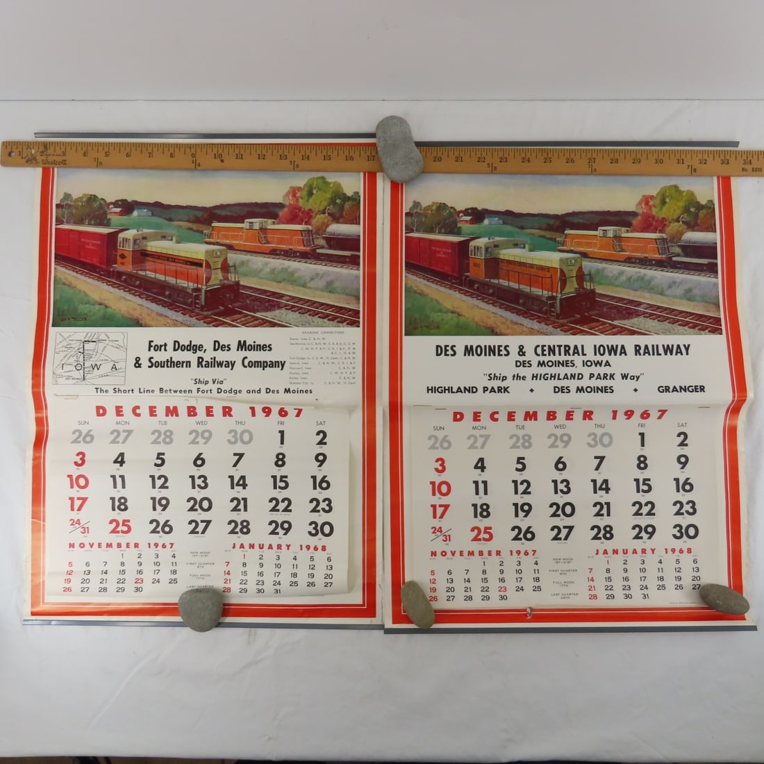 1968 DM&CI and 1967 FDDM&S Wall Calendars: Des Moines & Central Iowa- starts on Dec 1967 Fort Dodge, Des Moines & Southern Railway- only has Dec 1967. From the estate of the late Dennis Holmes. Folio Not Included Please ask questions and read