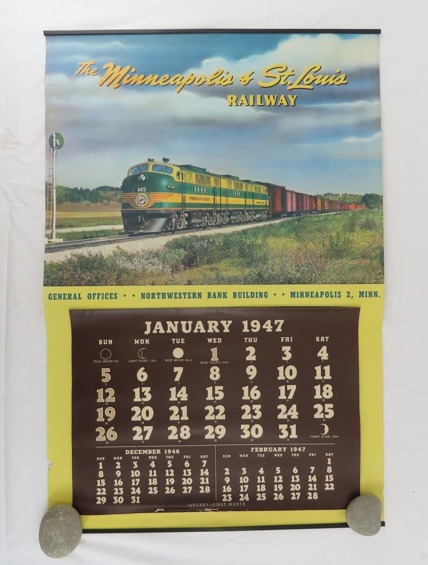 1947 M&STL Wall Calendar 25x17": ( will ship rolled- folio not included) . From the estate of the late Dennis Holmes. Please ask questions and read terms & conditions before bidding.