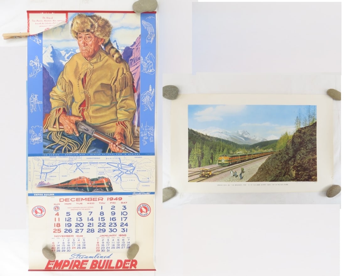 1950 GN Calendar by Winold Reiss- "Tom Dawson": mountain man calendar- Empire Builder, complete- very good condition 33x16", and "Springtime in the Rockies" print 17x14" (Folio not included- will be rolled for shipping) Please ask questions and rea