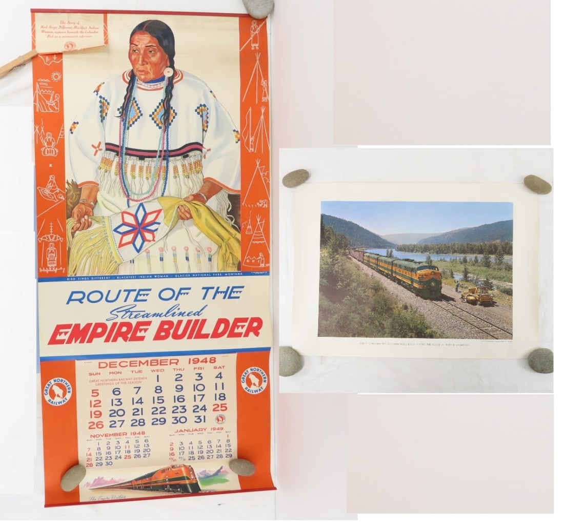 1949 GN Calendar by Winold Reiss- "Bird Sings...": "...Different"Blackfeet Indian Woman- Empire Builder -complete- very good condition 33x16", and "Transcontinental Freight along the Kootenai River in Montana" print 17x14"(Folio not included- will be 