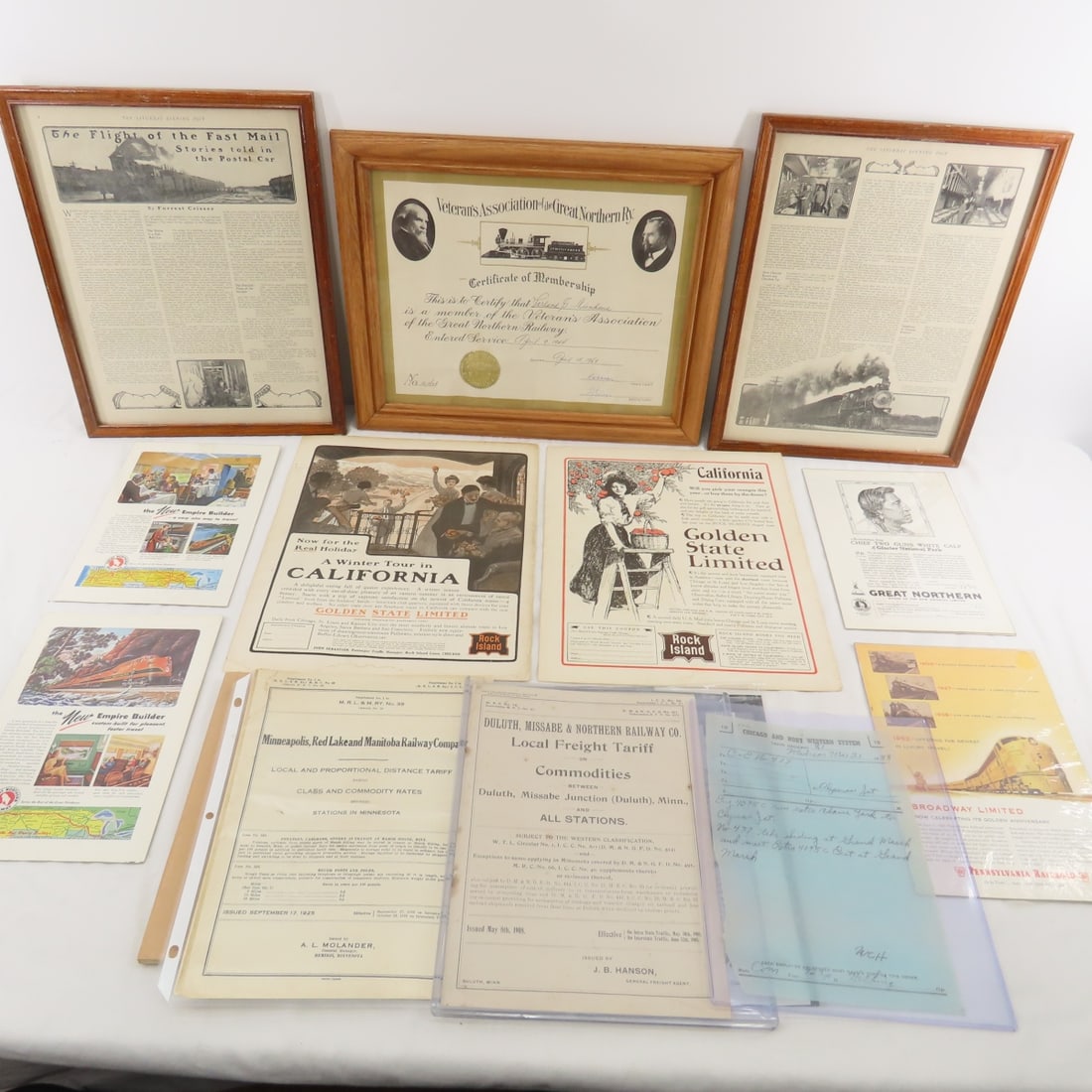 Railroad Advertisements & Ephemera- some Framed: MRL&MRY (Minneapolis, Red Lake & Manitoba) Time tables (1926 & 31) & Commodity Rates (1925 & 1926), DM&N commodity rates1908, 1962 Uniform System of Accounts Book, Please ask questions and read terms 