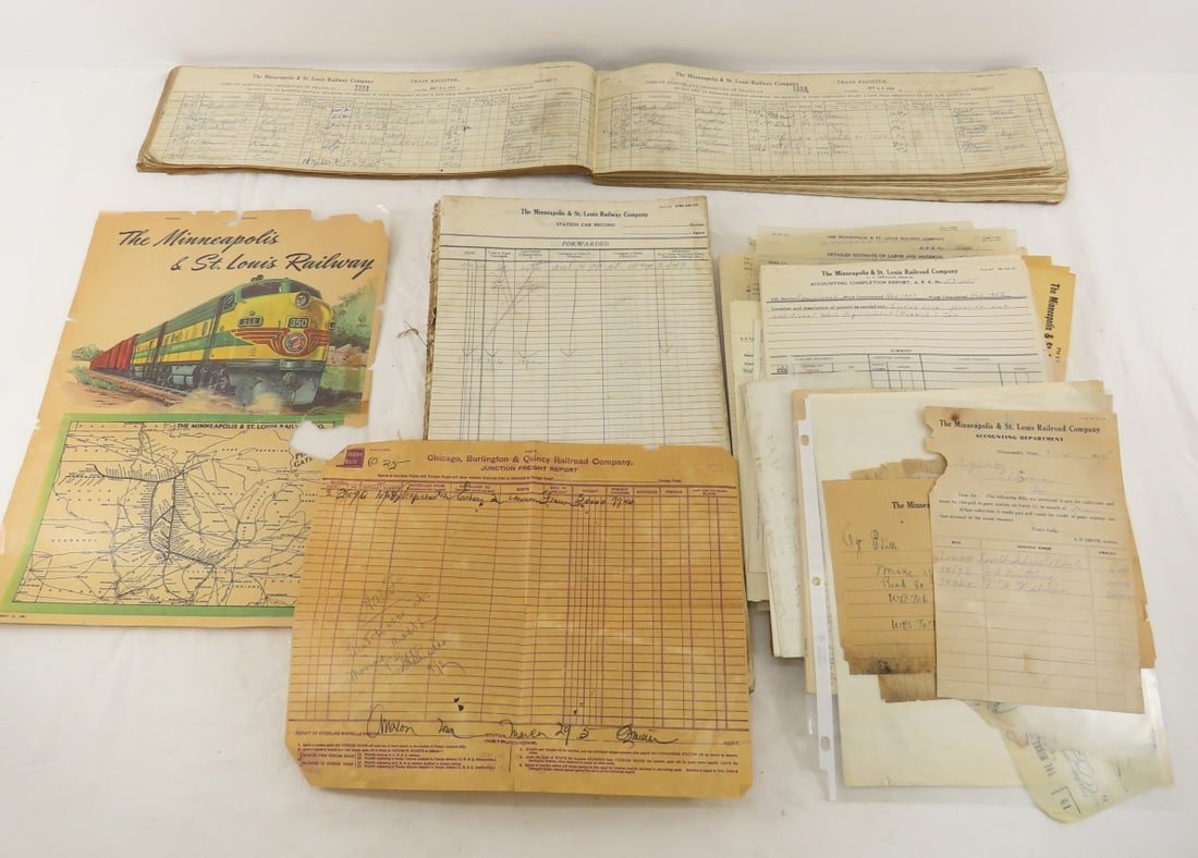 M&STL Receipt, Register Books & Ephemera: 1949 Station Car Recorder Book (no cover), 1951 train register book Tara, IA , 1951 Star & Tribune color ad (laminated), assorted receipts and papers. From the estate of the late Dennis Holmes. Please