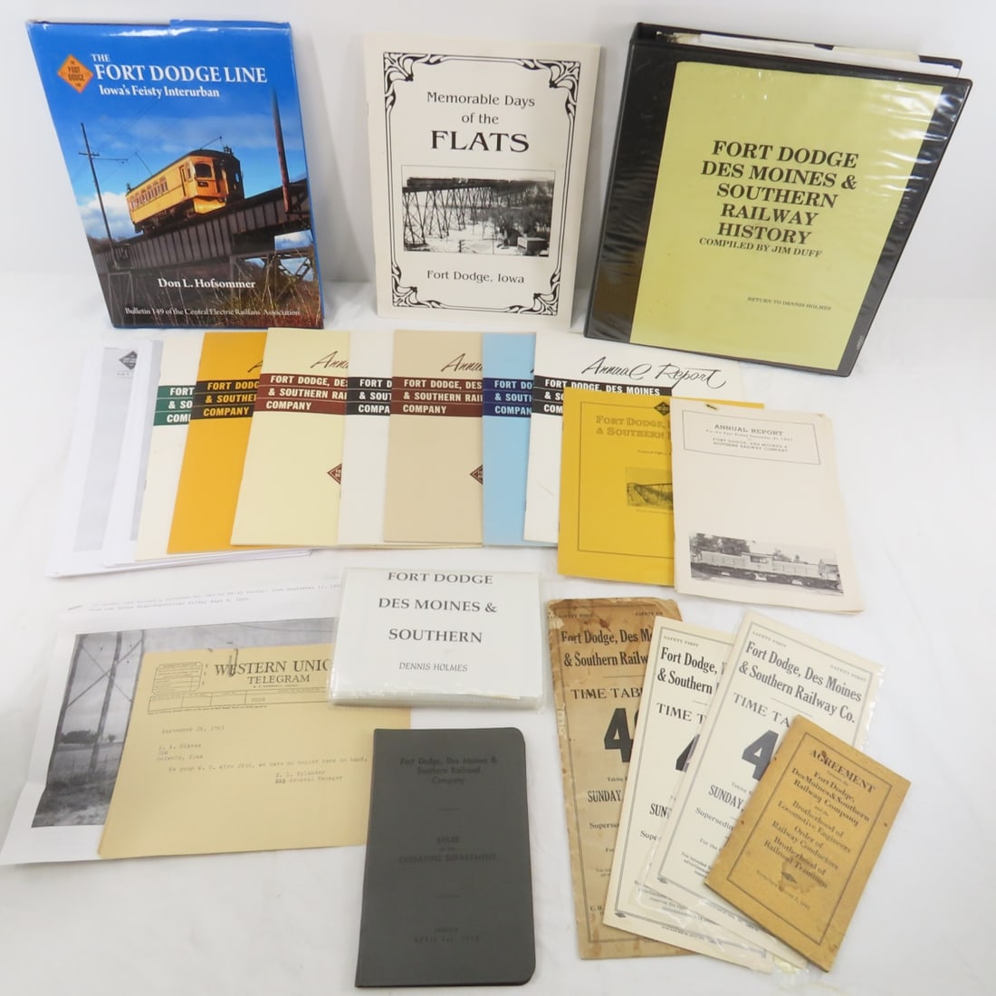 FDDM&S RY Time Tables, Telegrams& Ephemera: Fort Dodge, Des Moines & Southern Railway: 3 time tables, 1916 rule book, 1946 agreement book, copies of 1950's era Fort Dodge- Des Moines Line reporter, other papers. From the estate of the late Denn