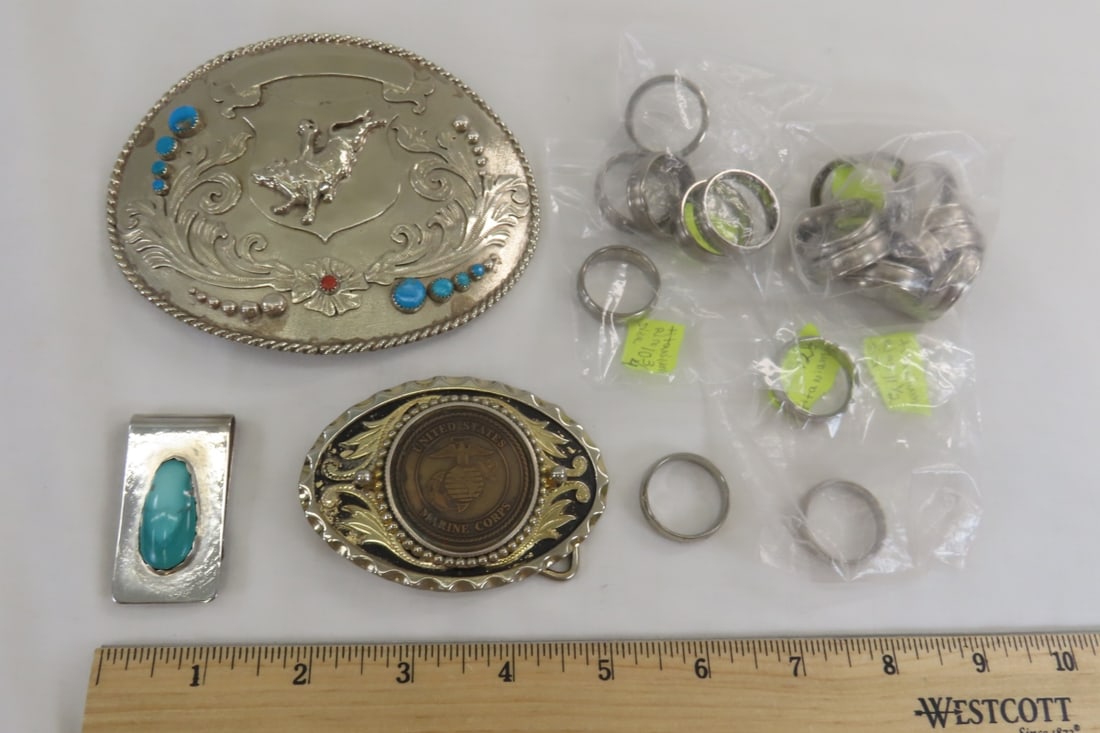 Marine & Rodeo Belt Buckles, Rings & Money Clip: Marine & Rodeo Belt Buckles, Rings & Money Clip -none are signed, 19 Titanium rings: 5 size 12, 1 size 10 3/4, 1 size 12 1/2, 2 size 11 1/2,10 size 11 Please ask questions and read terms & conditions 