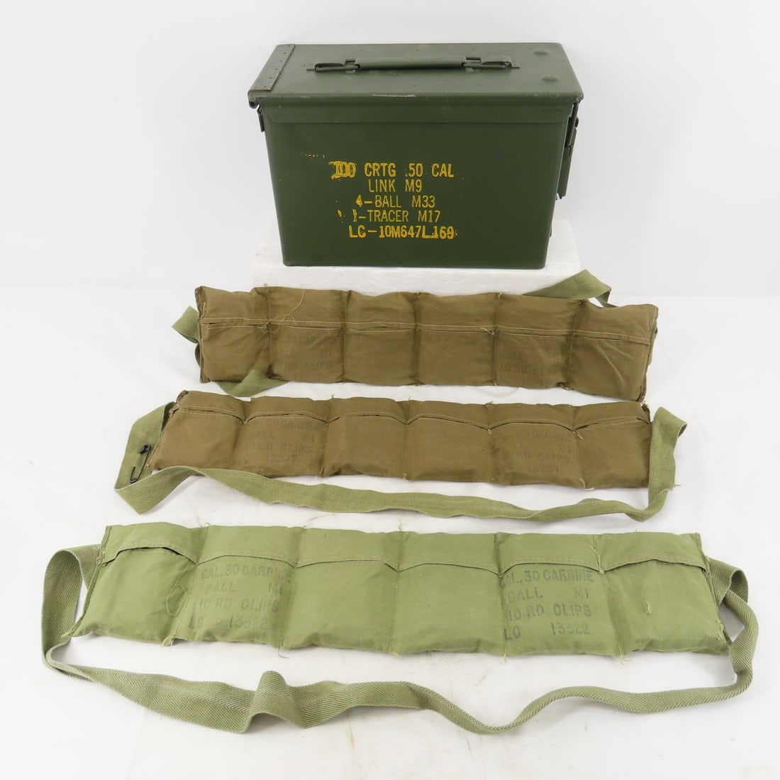 Ammunition 144 rounds 30 carbine LC 52: Ammunition 144 rounds 30 carbine LC 52-on clips in 3 bandoliers in ammunition can Please ask questions and read terms & conditions before bidding.
