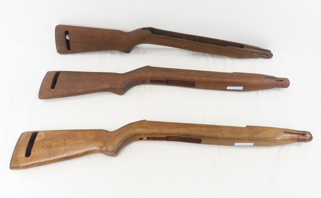 3 M2 Carbine Wood Rifle Stocks & Handguards: 3 M2 Carbine Wood Rifle Stocks & Handguards-oval cut out, low wood slide, 4 1/16" barrel channel marked, no bridge, selector switch cutout- 2 dark ones are rough feeling, lighter has a few chips but f