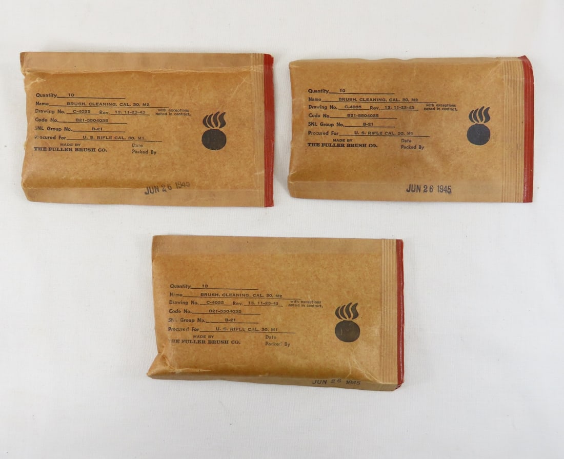 3 sealed packages of 10 M1 cleaning brushes: 3 sealed packages of 10 M1 cleaning brushes-all dated June 26, 1945 Please ask questions and read terms & conditions before bidding.