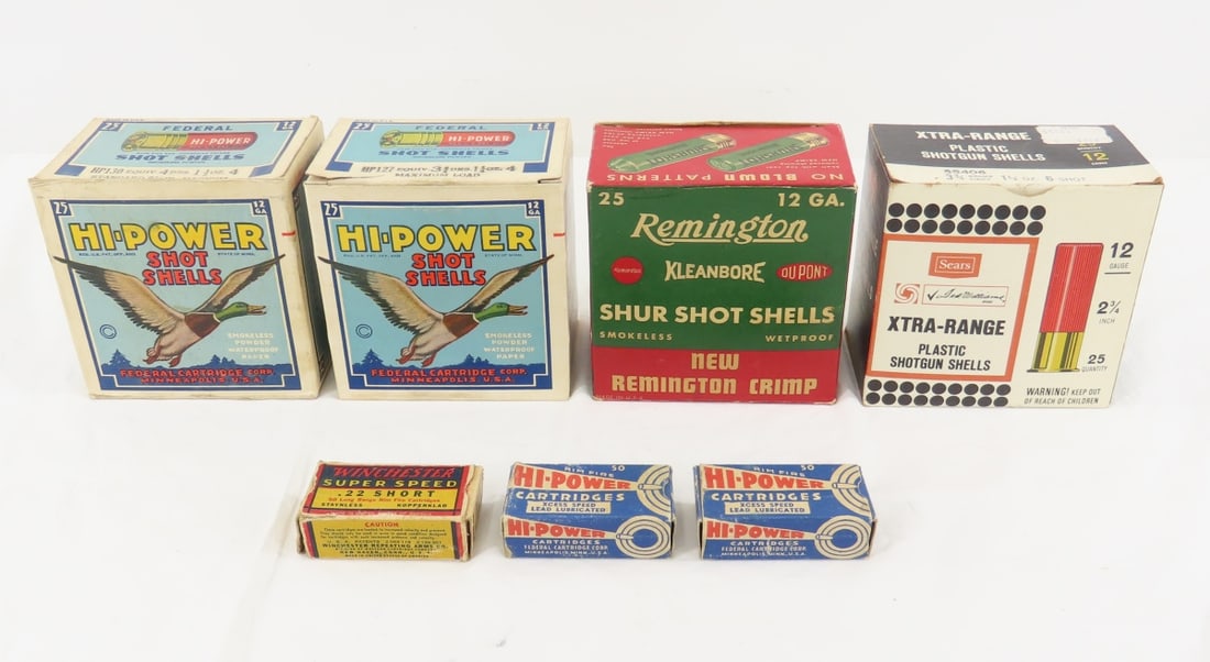 Vintage collector ammunition full box, High Power: Vintage collector ammunition full box, High Power - 12 gauge shot Shells, 2 full boxes High Power rim fire 22 short, partial boxes of Winchester 22 short, Remington Kleanbore 12 gauge & Sears extra ra