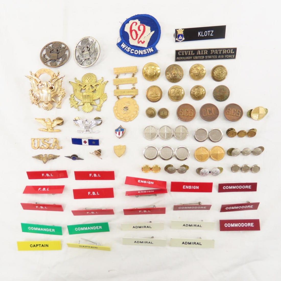 Civil Air Patrol, UBBA, Red Cross & Other Insignia: Civil Air Patrol, UBBA, Red Cross & Other Insignia - Unidentified military style buttons and badges, Quiet Birdman pin, and more Please read terms & conditions and ask questions before bidding.