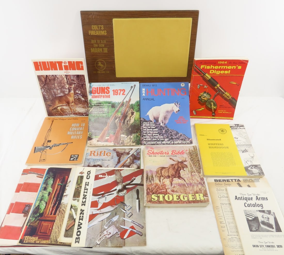 Firearms Publications & Colt Mark III Board: Firearms Publications & Colt Mark III Board - Colt Display board 18.5 x 11.75" & Flyer, Dixie Gun Works Catalog #11, Magazines: 1969 & 1972 Williams, Monarch, 1973 High Standard (2), 1972 Mossberg, Po