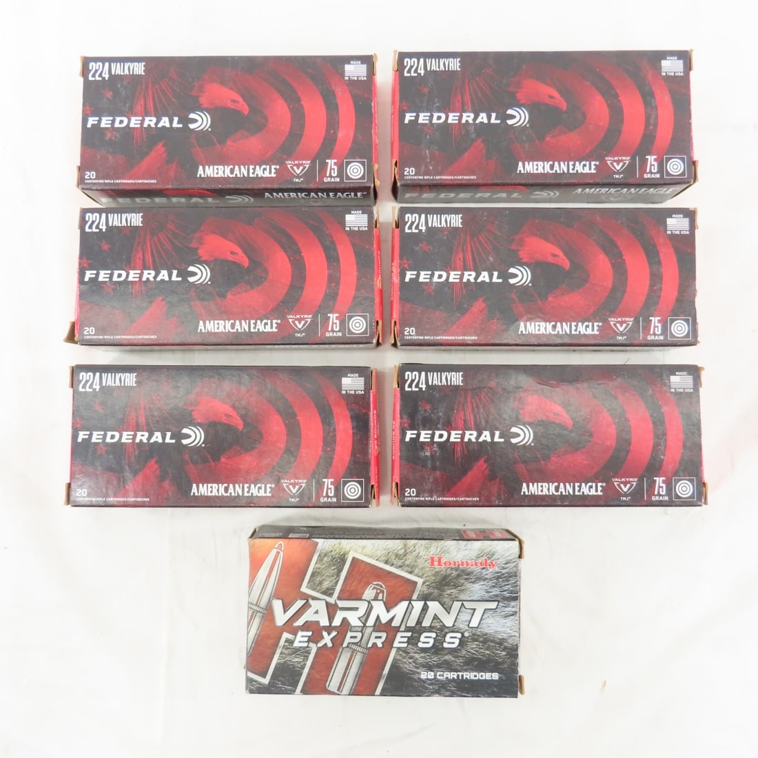 Ammunition 140 rounds Federal 224 Valkyrie: Ammunition 140 rounds Federal 224 Valkyrie - 6 boxes of 20 rounds 75 grain American Eagle Federal & 1 box of Hornady varmint express 60 grain V-Max Please read terms & conditions and ask questions bef