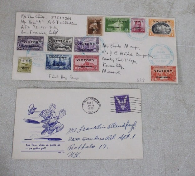 9/2/1945 V-J Day Posted Envelope w/Victory Stamps: 9/2/1945 V-J Day Posted Envelope w/Victory Stamps - Plus TOJO March 7, 1945 Envelope both as pictured.Please ask questions and read terms and conditions before bidding.