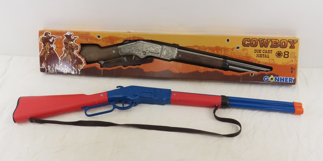 2 Gonher Cap Gun Lever Action Rifles: 2 Gonher Cap Gun Lever Action Rifles - Cowboy is like new in box, Blue & red works Please ask questions and read terms & conditions before bidding.