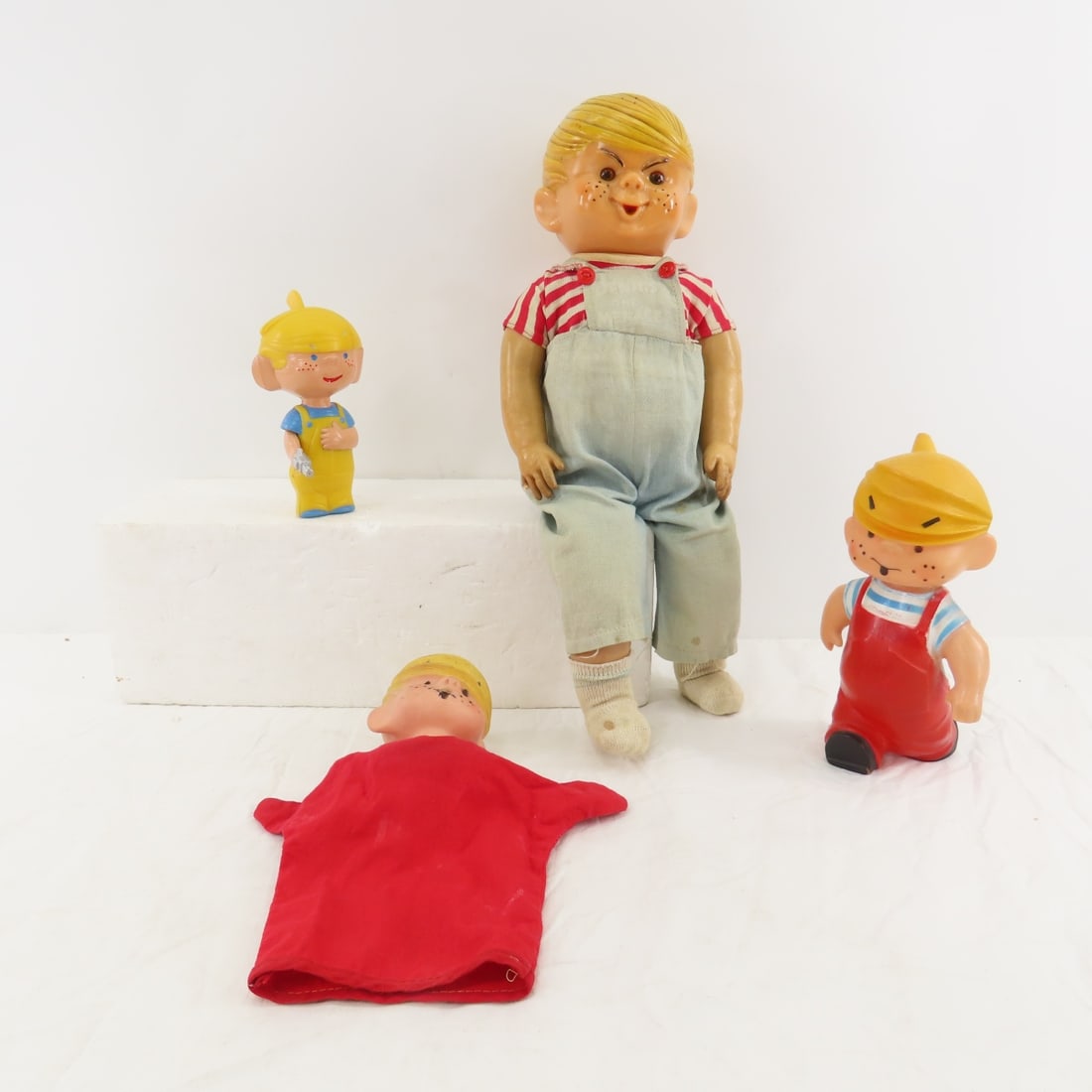 Vintage Dennis The Menace Toys: Vintage Dennis The Menace Toys - 1954 Dennis with squirt gun- push hair and arm moves up- crack in head 5.5" tall (did not test with water), 1959 Hall Synd 7.5": rubber Dennis, and Hall Synd hand pupp