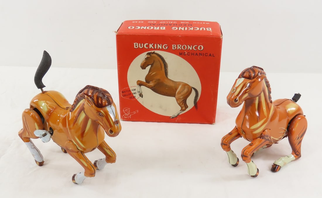 2 Vintage Daiya Bucking Broncos and 1 Box: 2 Vintage Daiya Bucking Broncos and 1 Box - 1 works- the other has a broken tail and moves- but does not completely work Please ask questions and read terms & conditions before bidding.