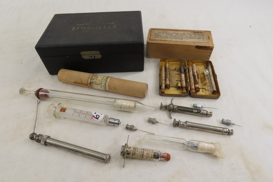 Antique Adams Hemometer, Glass Syringes & More: Antique Adams Hemometer, Glass Syringes & More - concentrated diphtheria anti-toxin, "Century Ear and P Syringe" in wood case. Many items from this collection are from Dr. Thomas Russell and the Itasc