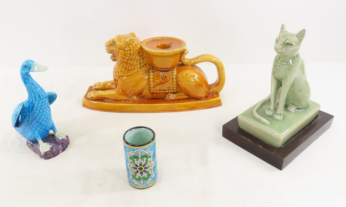 Paul Lindau Lion Candleholder & Other Ceramics: Paul Lindau Lion Candleholder & Other Ceramics - Lion is 12" long, Bastet Egyptian Cat figure set i8n wood block has crazing, blue Chinese duck figure 6", 3" Majolica vase Please read terms & conditio