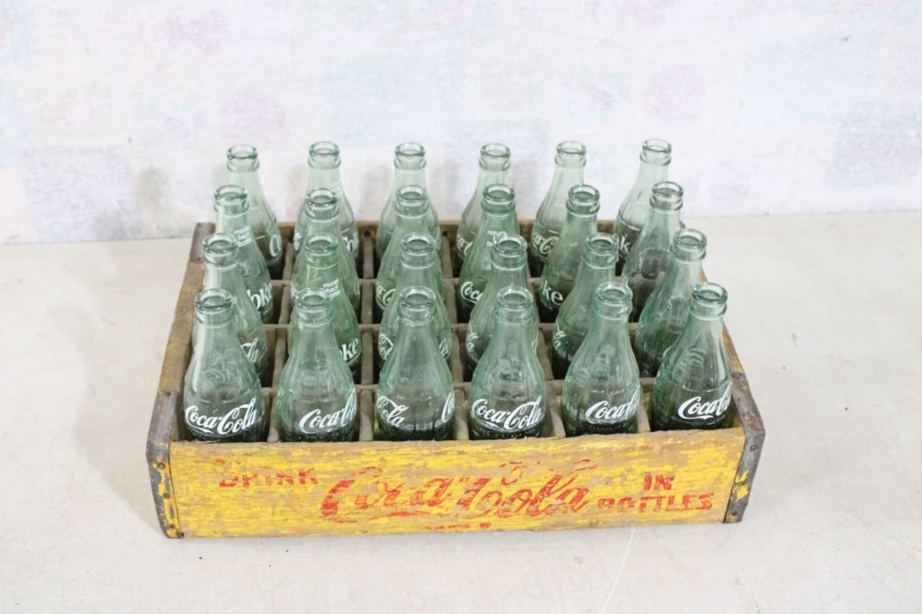 Coca Cola 24 Bottle Crate w/Hobble Skirt Bottles: Coca Cola 24 Bottle Crate w/Hobble Skirt Bottles - Wood Coca Cola 24 Bottle Crate with 24 Hobble Skirt Coke Bottles as pictured. Please ask questions and read terms & conditions before bidding.