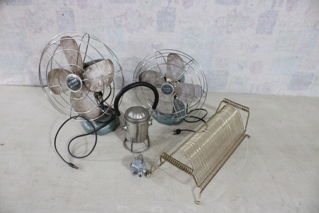 2 Wizard Husky Cage Fans, Record Rack, & More: 2 Wizard Husky Cage Fans, Record Rack, & More - Conger Lantern Co. missing lens, Sediment Bowl looks to be new/unused. All as pictured. Please ask questions and read terms & conditions before bidding.