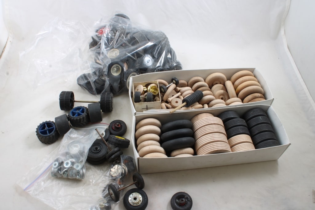 Ass't. Toy Car, Truck Wheels Wood, Rubber & Other: Ass't. Toy Car, Truck Wheels Wood, Rubber & Other - All as pictured. Please ask questions and read terms & conditions before bidding.
